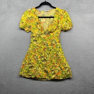 Urban Outfitters Womens Mini Dress Yellow Floral Button Short Sleeve Size XS